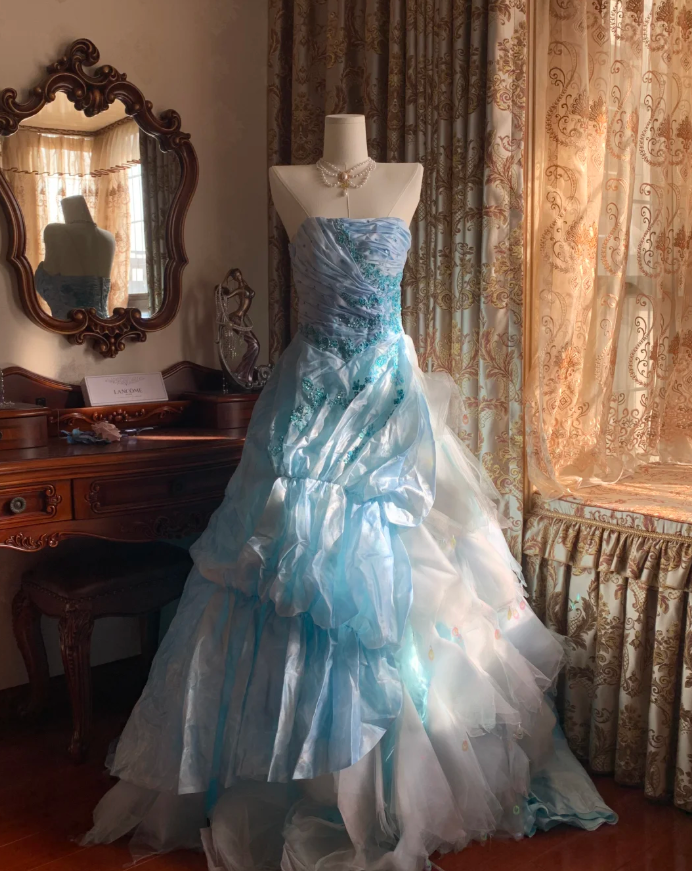 Elegant Blue Strapless Tulle Satin Appliques Long Party Dress Birthday Prom Gown D1772