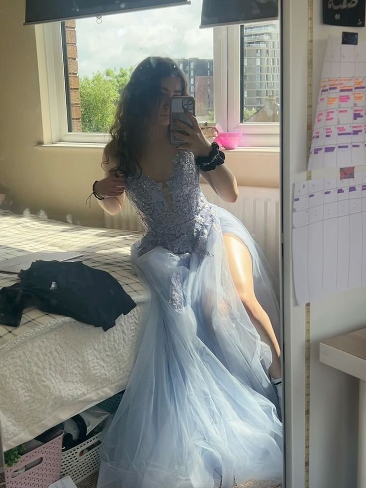 Pretty Spaghetti Straps Blue Tulle Appliques Slit Mermaid Evening Dress Long Party Gown D1548