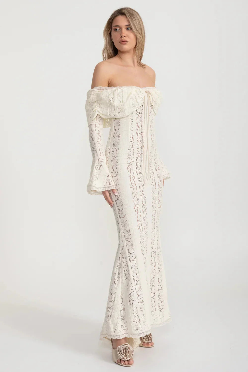 Lace Off Shoulder Lace Up Bodice Bell Sleeve Mermaid Maxi Gown - View 5