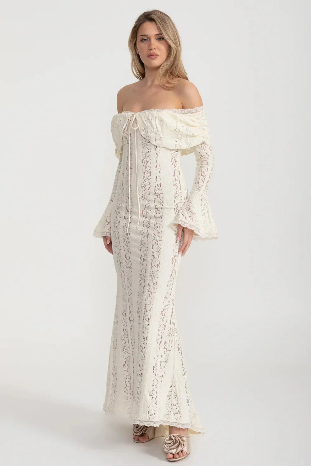 Lace Off Shoulder Lace Up Bodice Bell Sleeve Mermaid Maxi Gown - View 6