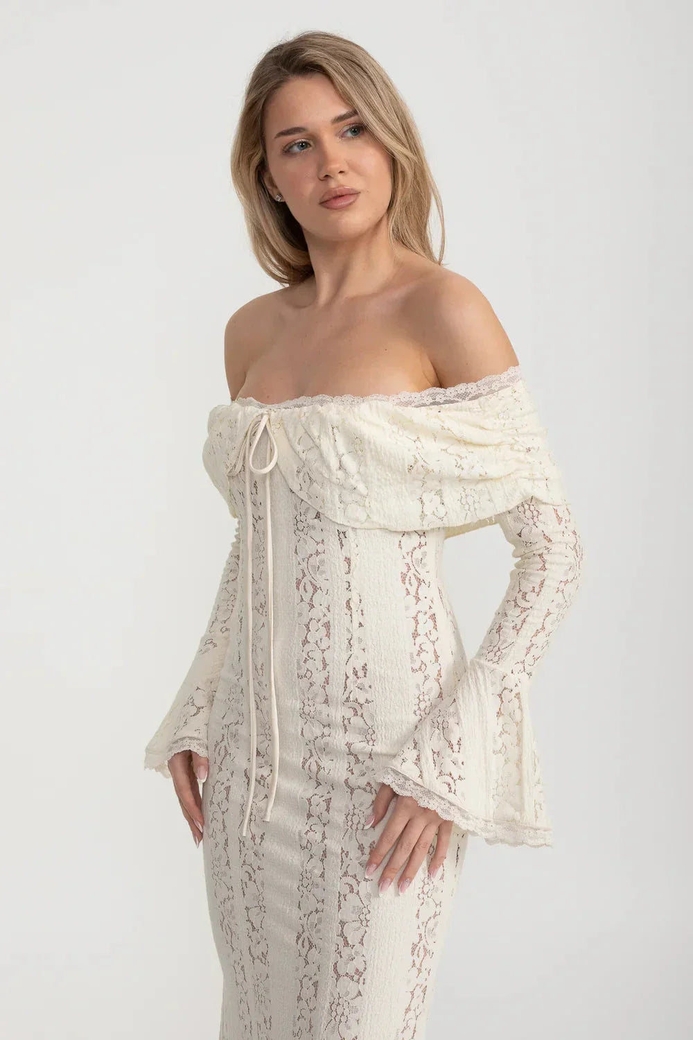 Lace Off Shoulder Lace Up Bodice Bell Sleeve Mermaid Maxi Gown - View 8