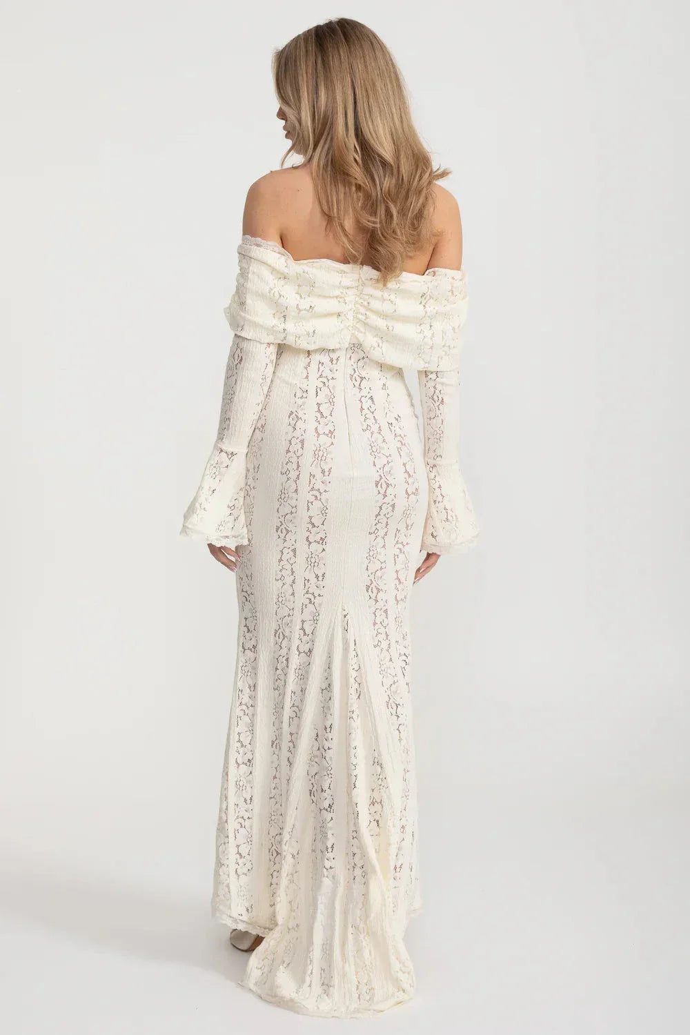Lace Off Shoulder Lace Up Bodice Bell Sleeve Mermaid Maxi Gown - View 10