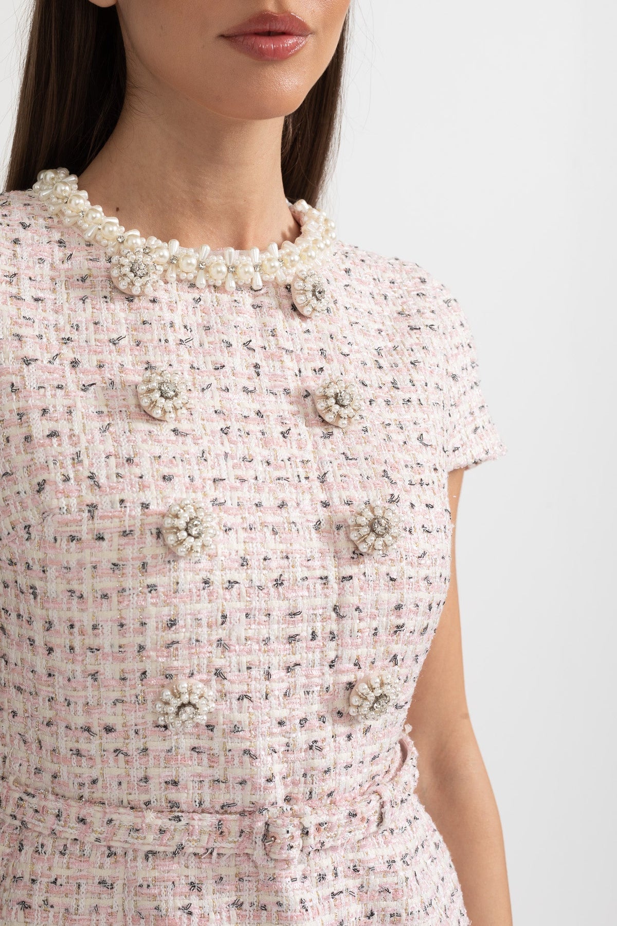 Tweed Pearl Collar Crystal Button Belted Mini Dress - View 6