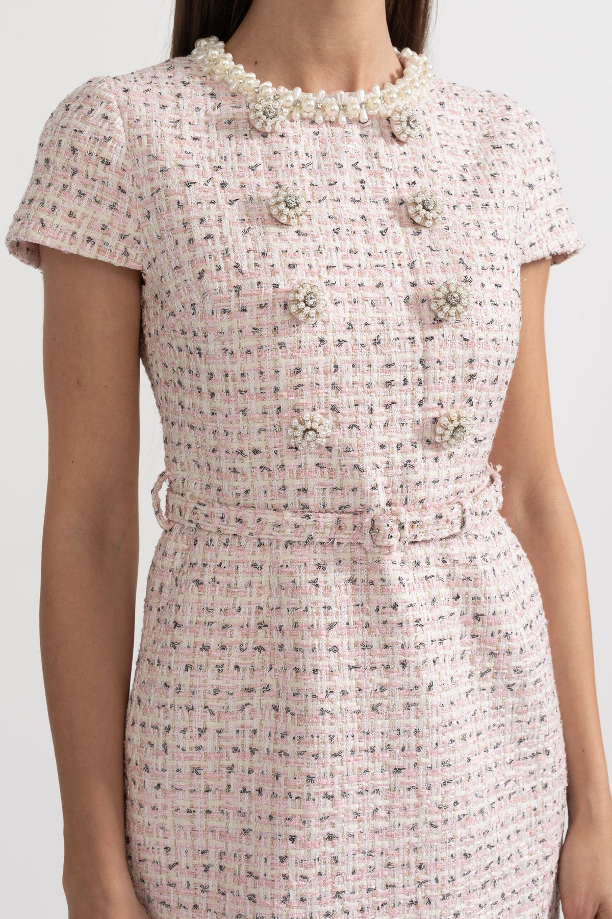 Tweed Pearl Collar Crystal Button Belted Mini Dress - View 7