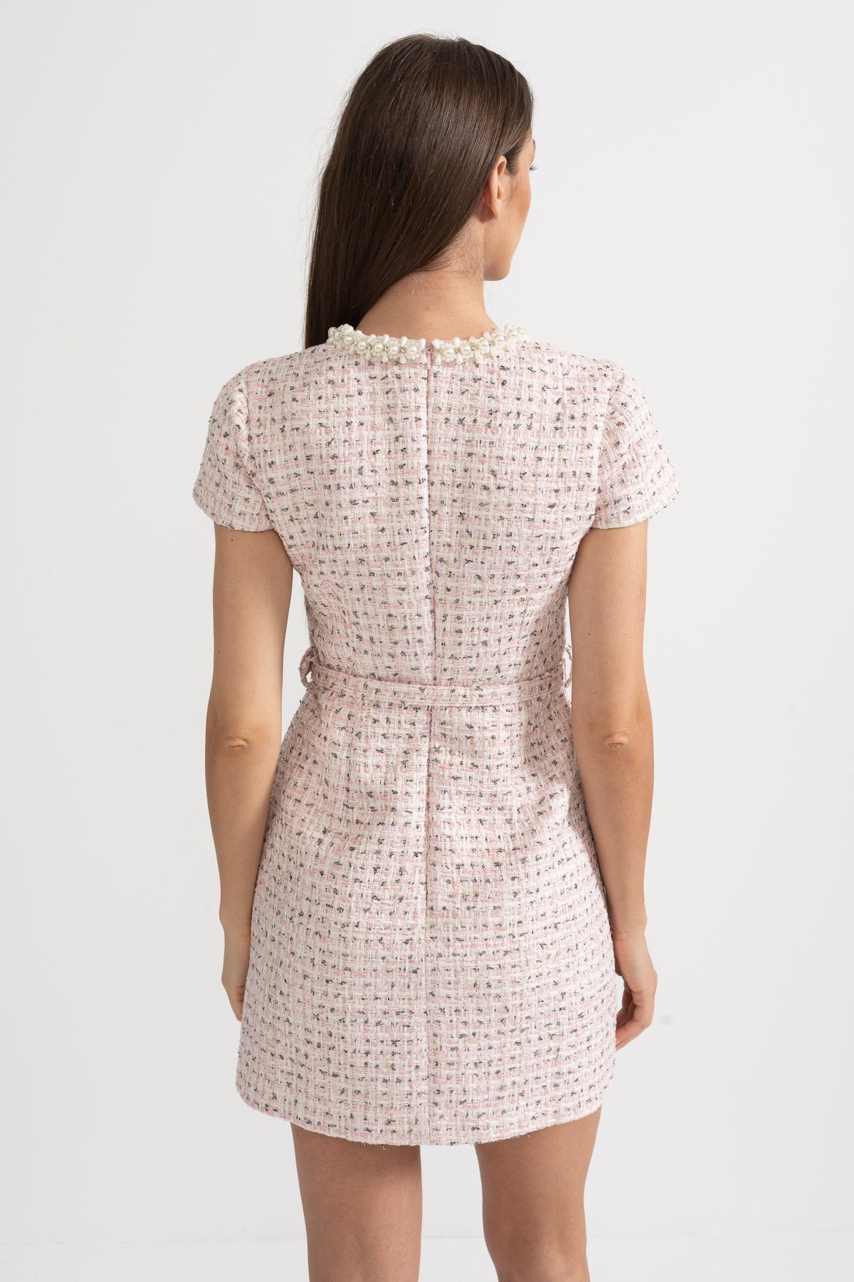 Tweed Pearl Collar Crystal Button Belted Mini Dress - View 12