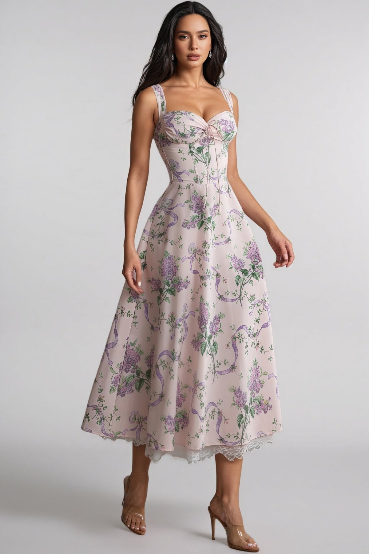 Floral Sweetheart Corset Fit and Flare Midi Dress