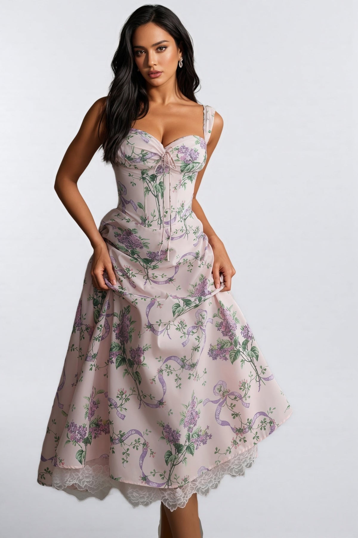Floral Sweetheart Corset Fit and Flare Midi Dress - View 5