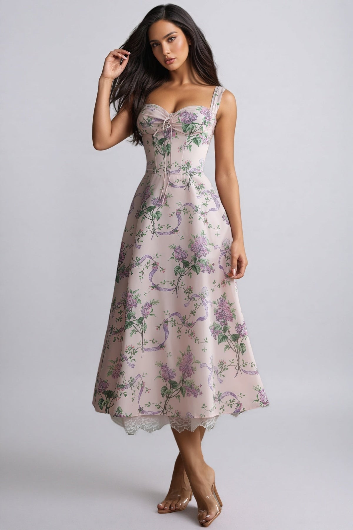 Floral Sweetheart Corset Fit and Flare Midi Dress - View 3