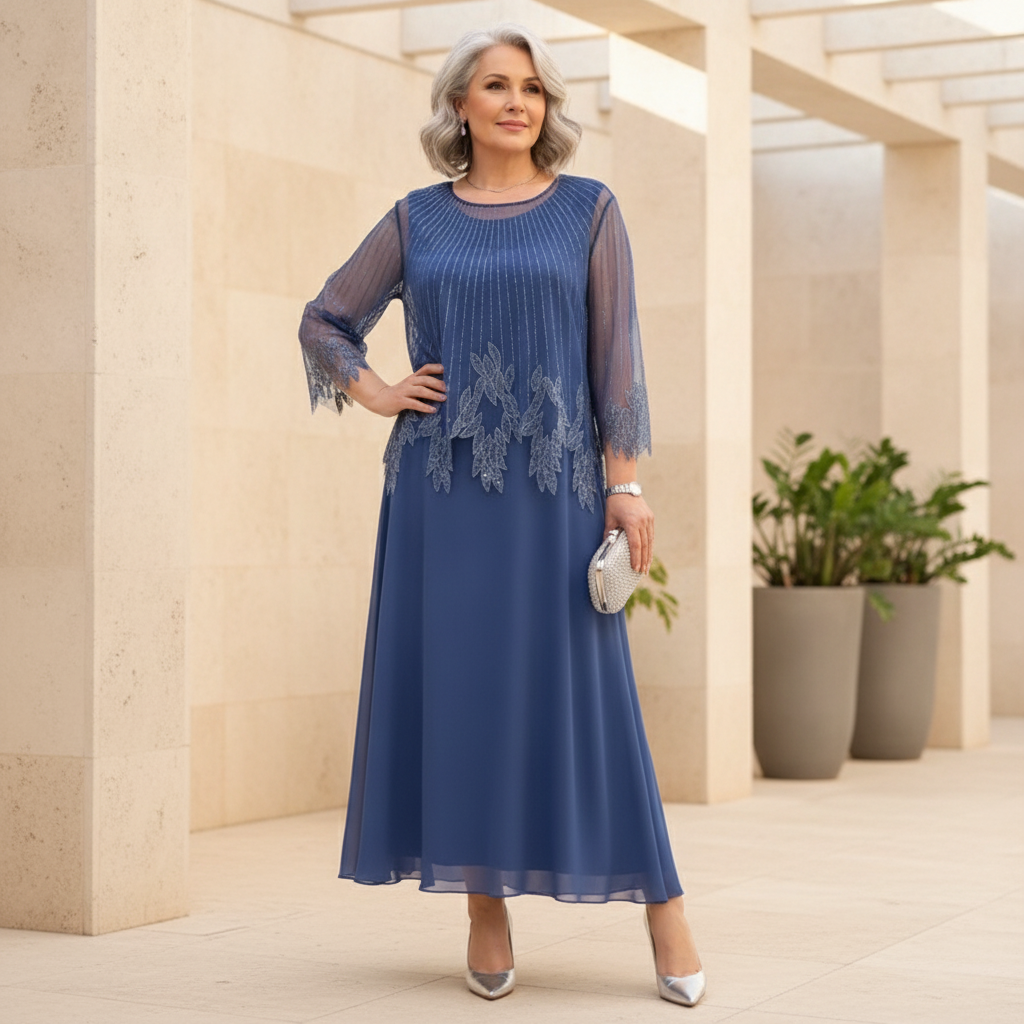 Round Neck Beaded Chiffon Overlay Formal Midi Dress 2