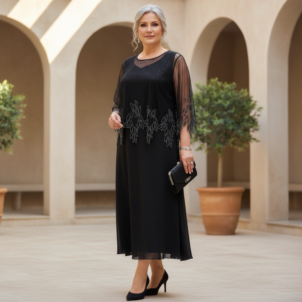 Round Neck Beaded Chiffon Overlay Formal Midi Dress