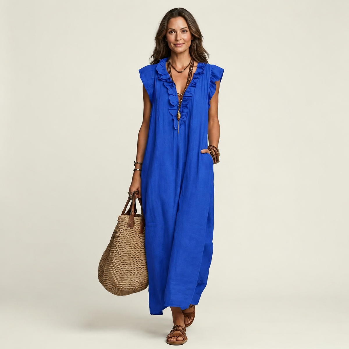 Ruffle V-Neck Sleeveless Linen Look Maxi Dress 5
