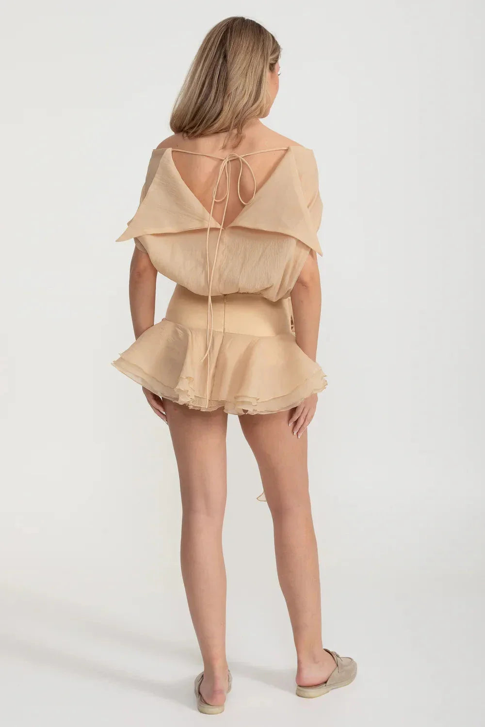 Off Shoulder Batwing Sleeve Button Front Rosette Waist Mini Dress - View 7