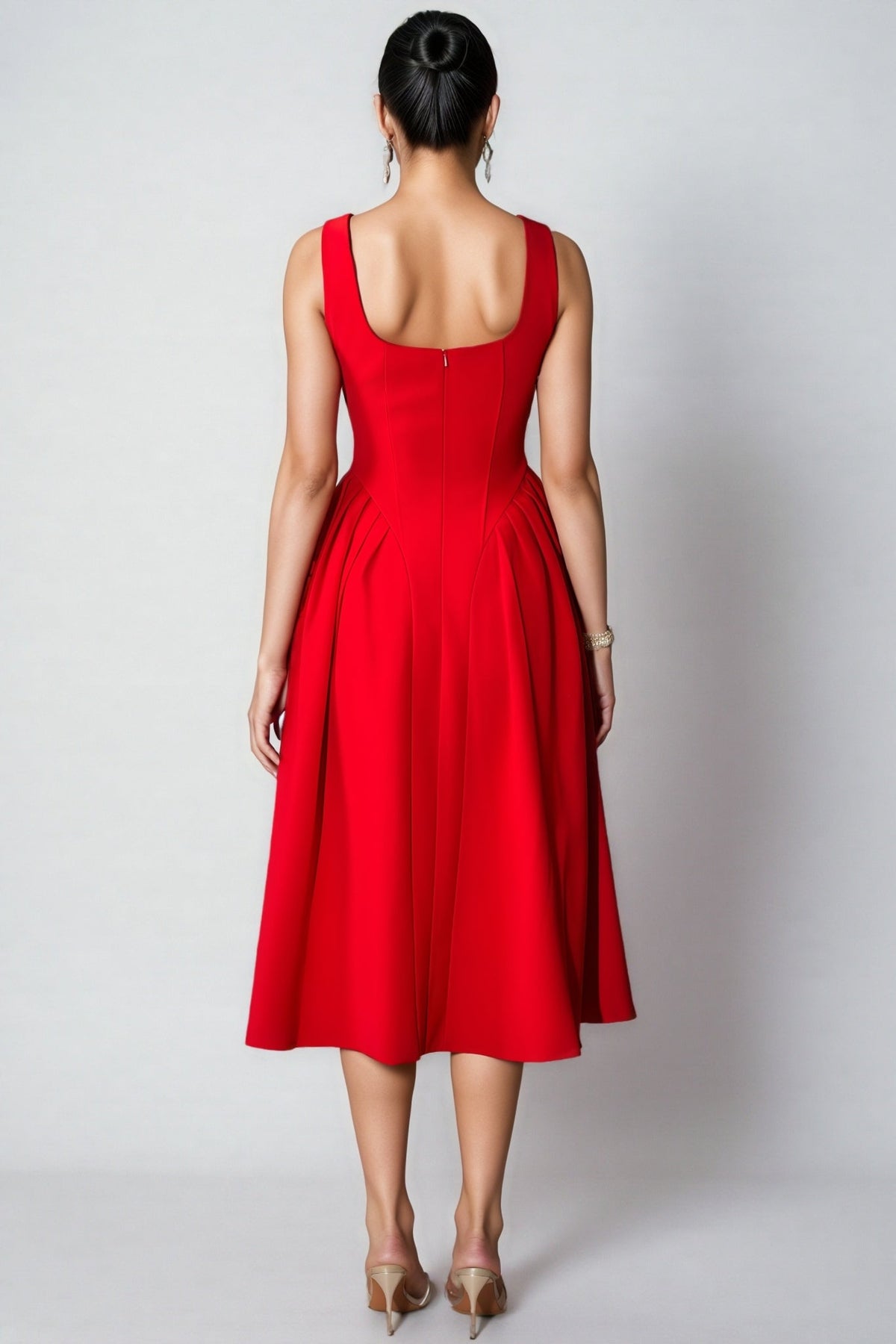 Crystal Trim Scoop Neck Sleeveless Pleated A-Line Midi Dress - View 6