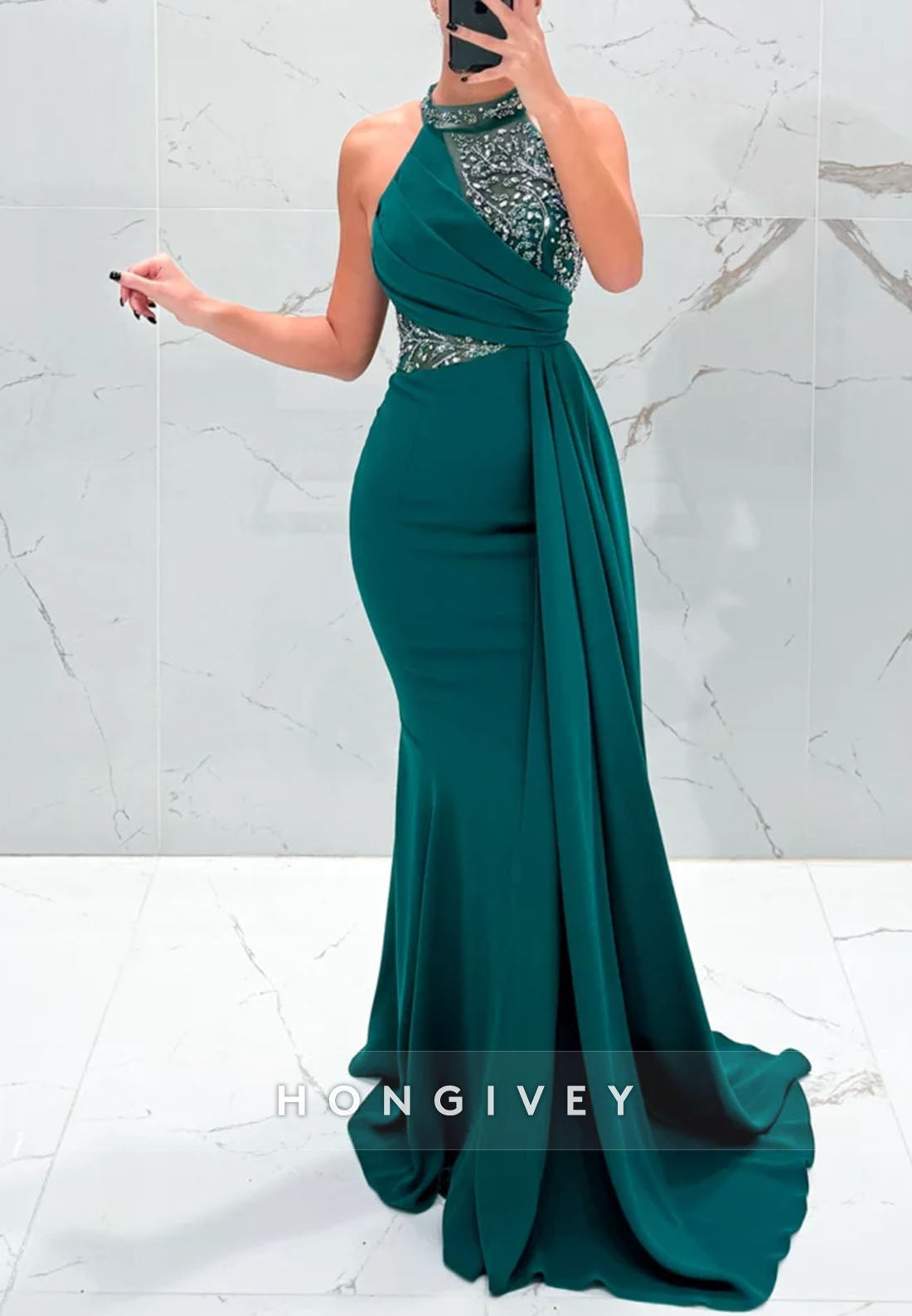 Side Draping Formal Dresses Pleated Beading Halter Trumpet Sleeveless Evening Gown