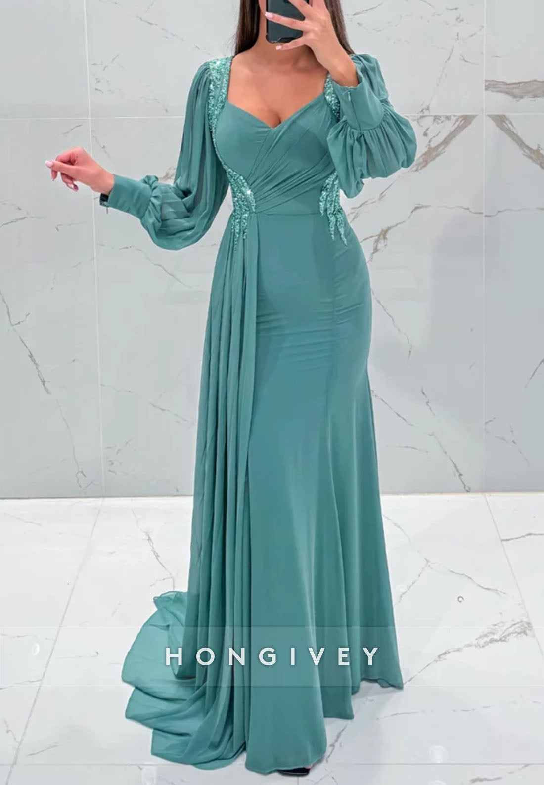Pleated Long Sleeve Side Draping Ruffles Appliqued Floor-Length Evening Gown