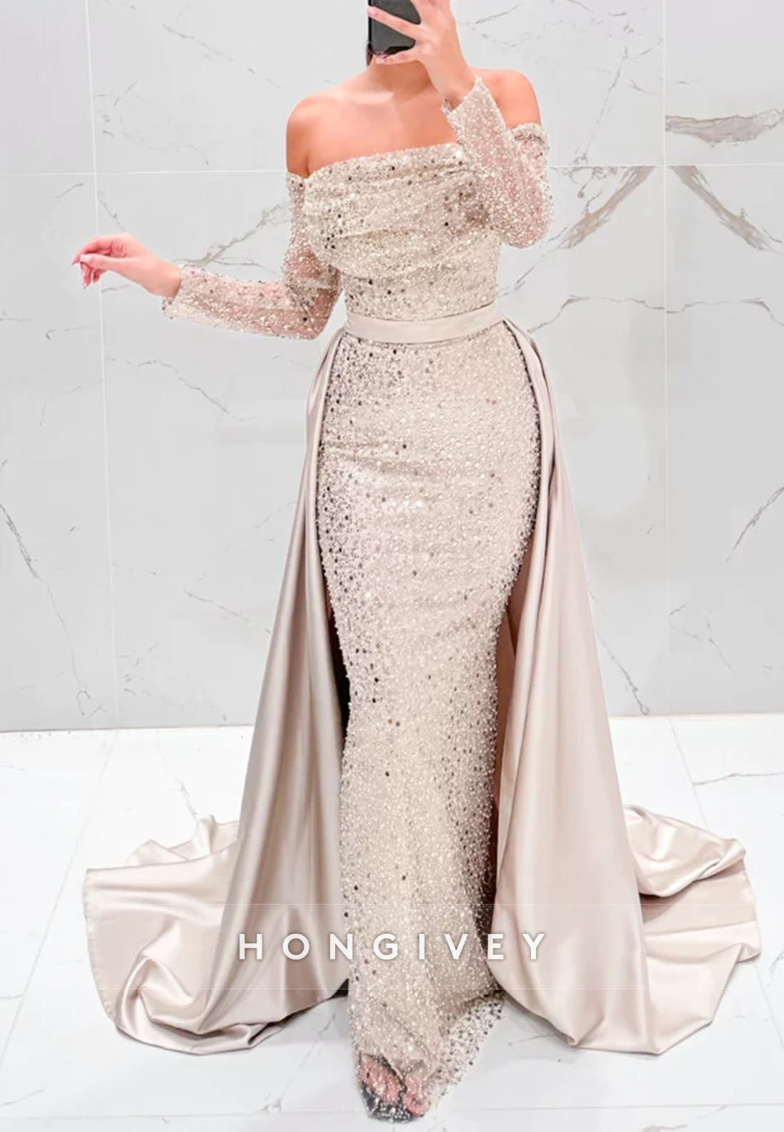 Sequined Detachable Off the Shoulder Pleated Floor-Length Sheath Evening Gown