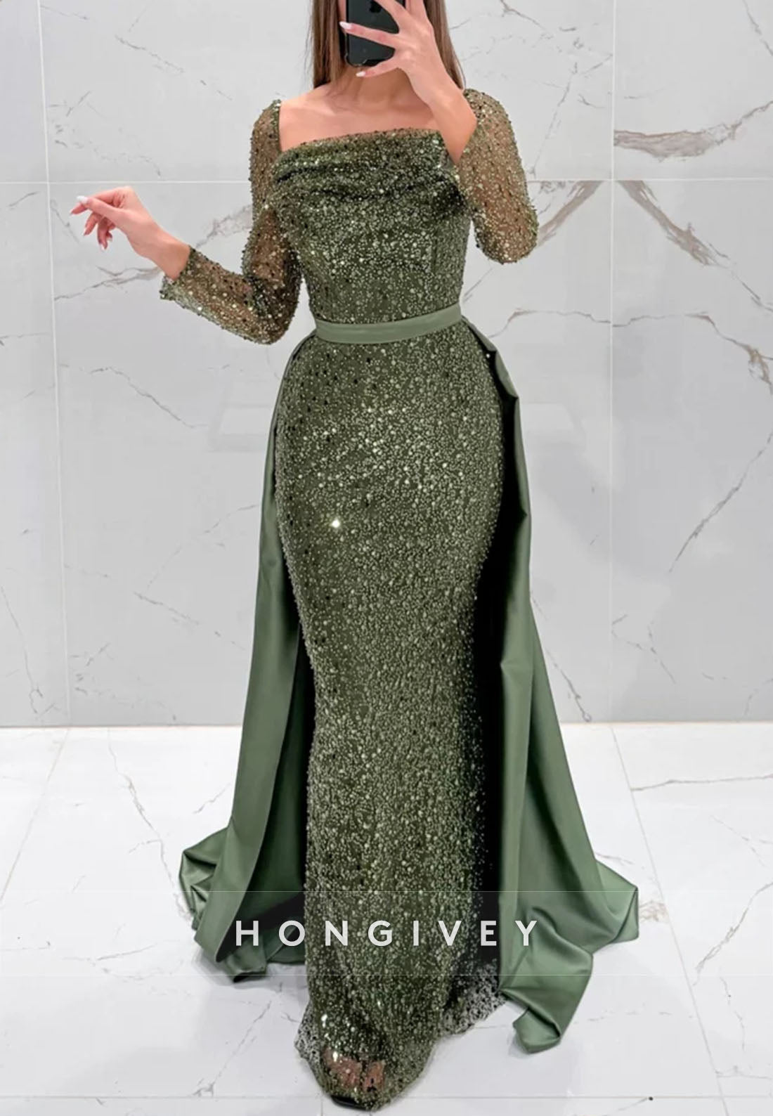 Square Detachable Pleated Floor-Length Sheath Long Sleeves Sequined Evening Gown