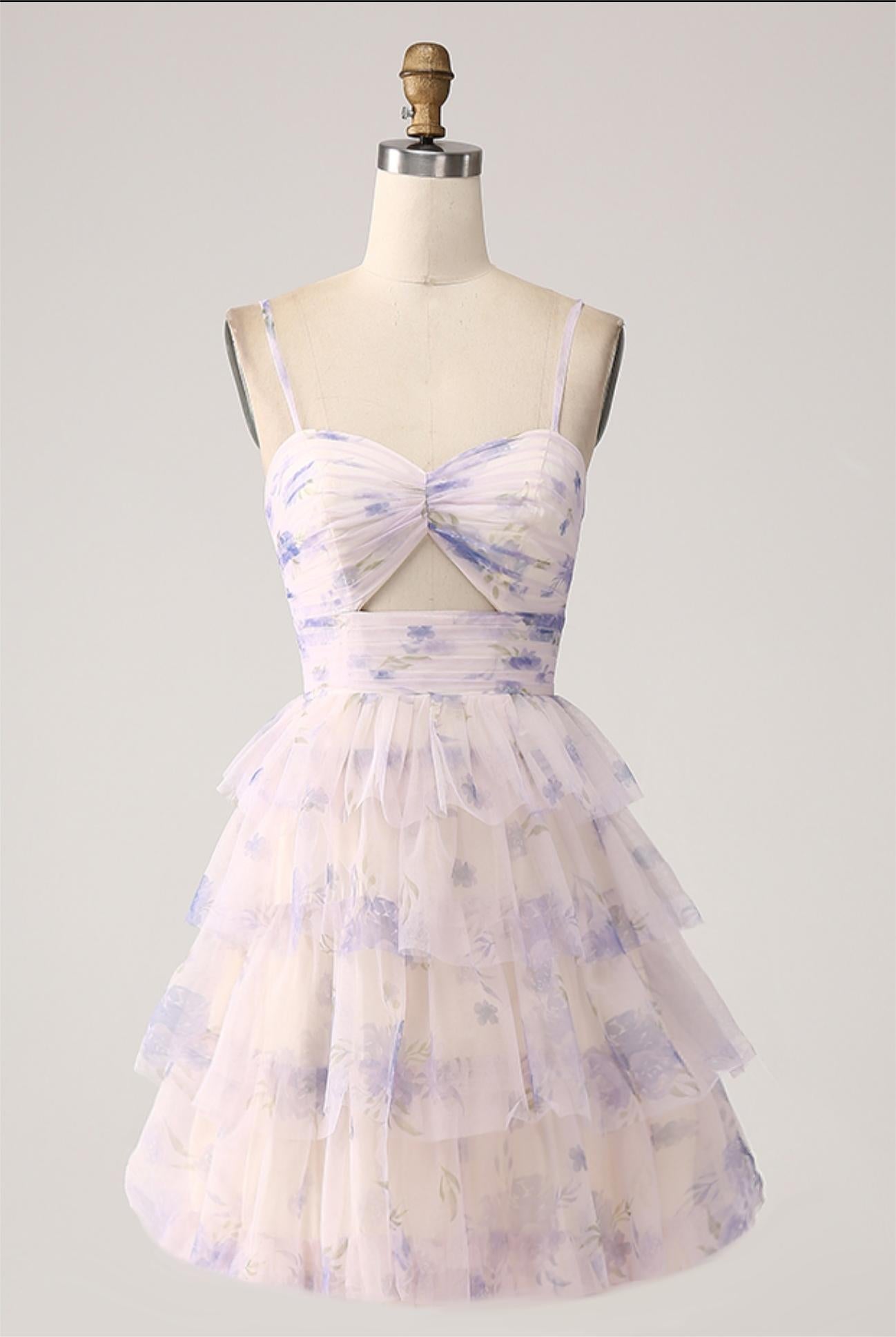 Lavender Flower A Line Spaghetti Straps Tiered Pleated Short Homecoming Dress - Fashionpara