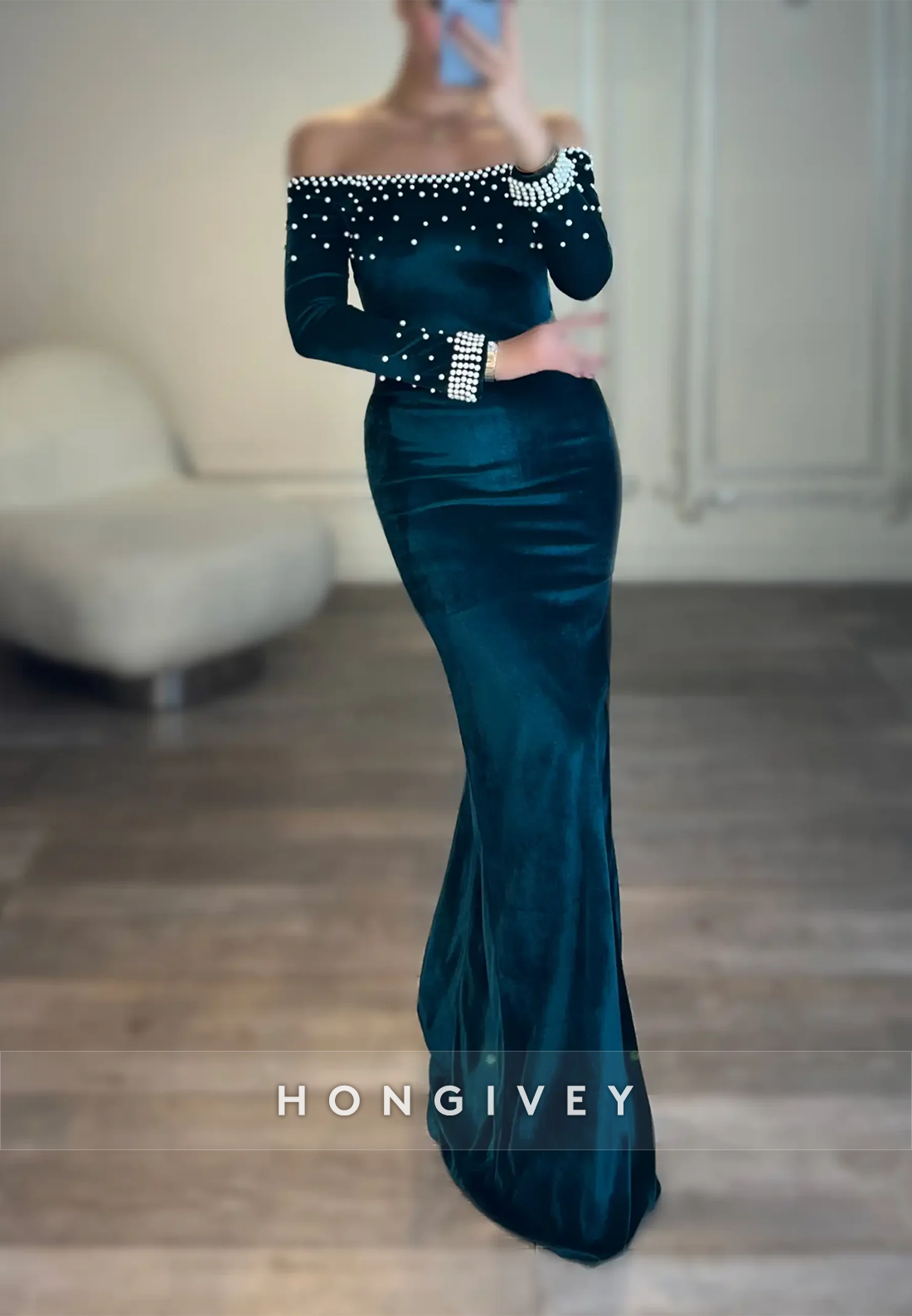 Appliqued Sweep Train Off the Shoulder Satin Long Sleeve  Evening Gown