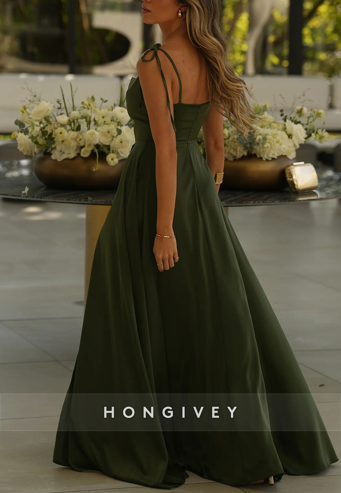 Side Slit A-line Floor-Length Satin Regular Straps Pleated Evening Gown