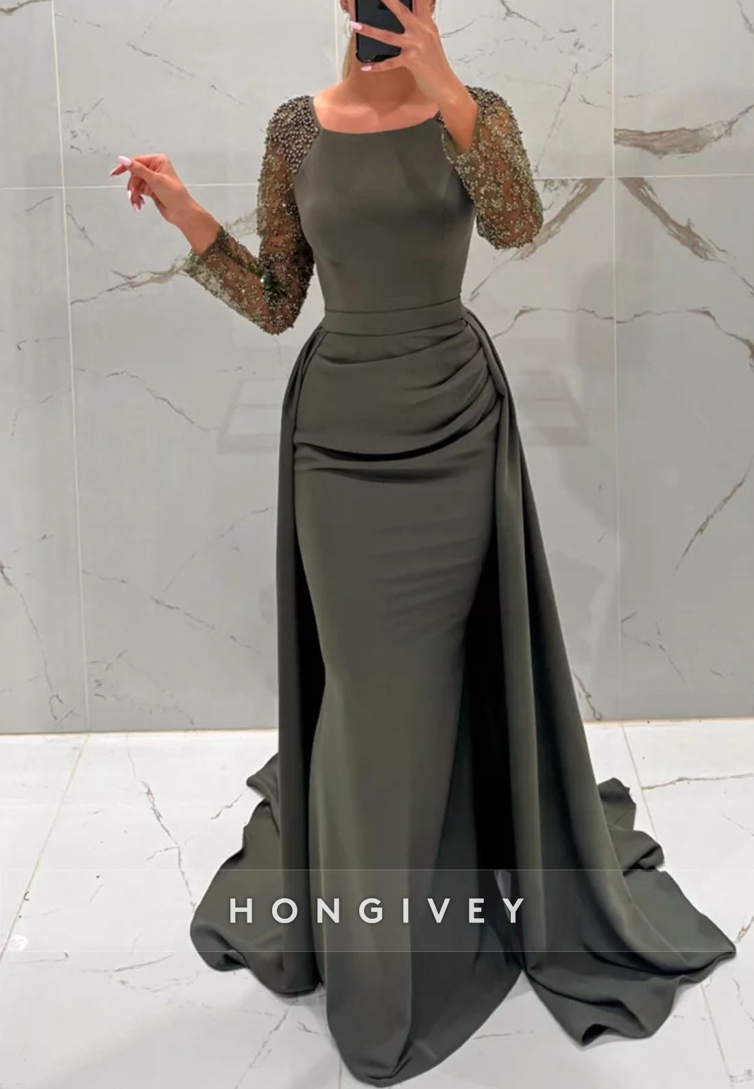 Detachable Evening Gown Sheath Floor-Length Watteau Train Long Sleeve Formal Dresses