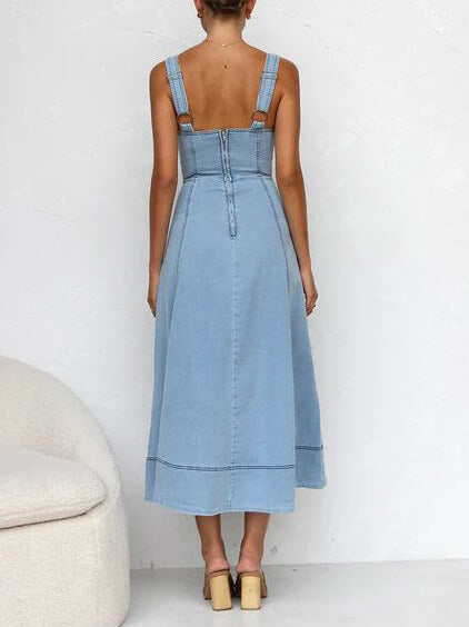 Denim Suspender Casual Button Midi Dress - Fashionpara