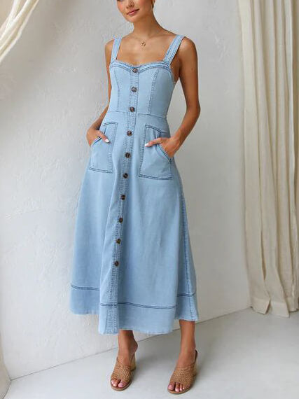 Denim Suspender Casual Button Midi Dress - Fashionpara
