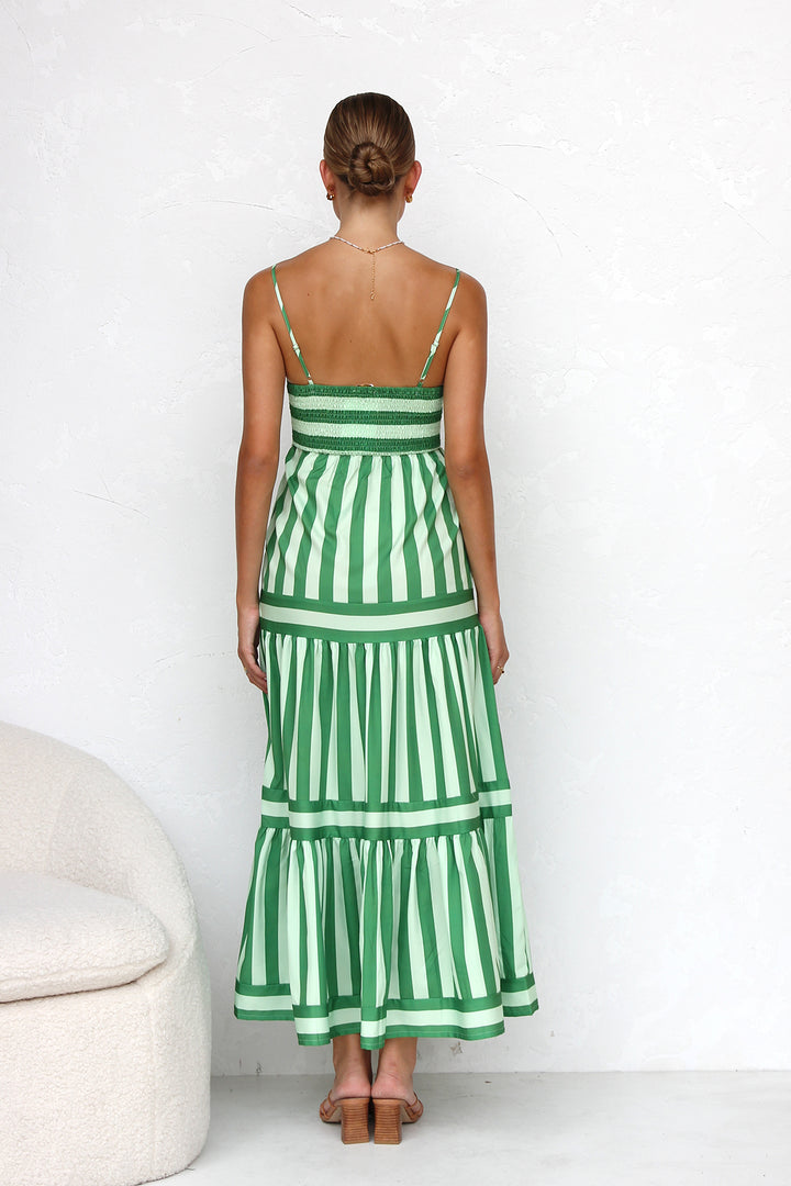 Multi Green Striped Maxi Dress - Fashionpara