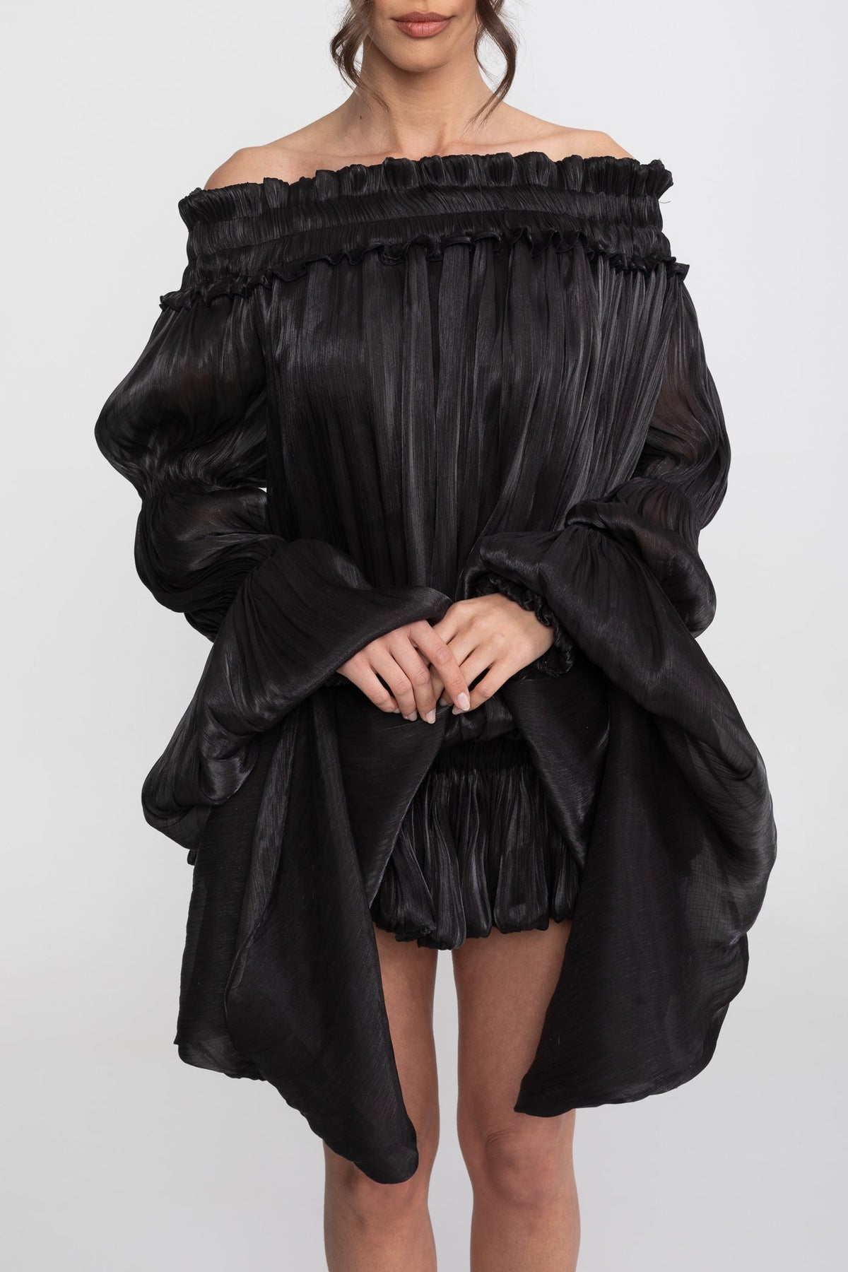 Off-Shoulder Ruffle Mini Dress With Draped Sleeves - Black - View 6