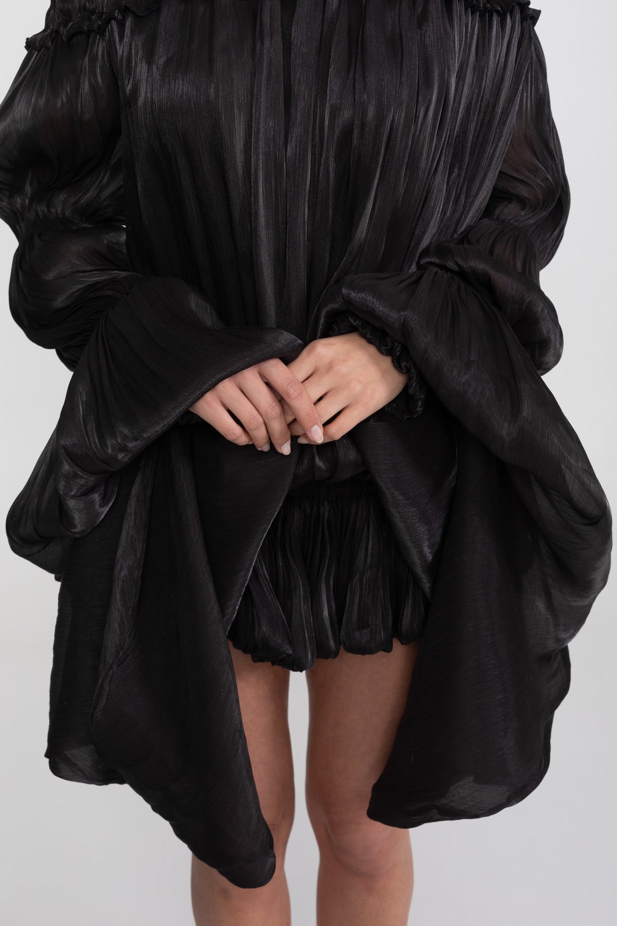 Off-Shoulder Ruffle Mini Dress With Draped Sleeves - Black - View 7