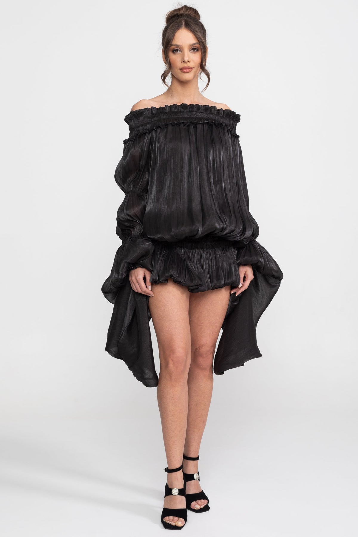 Off-Shoulder Ruffle Mini Dress With Draped Sleeves - Black - View 3
