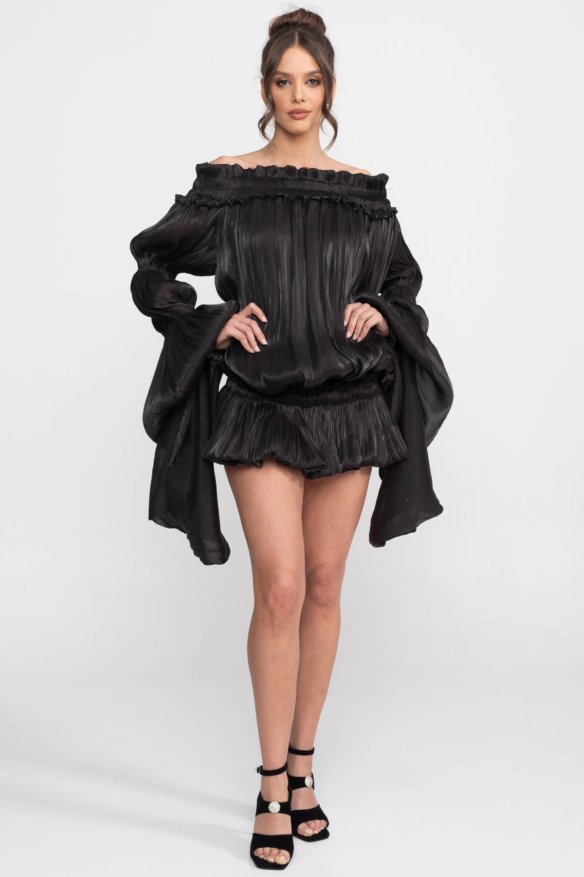 Off-Shoulder Ruffle Mini Dress With Draped Sleeves - Black - View 4