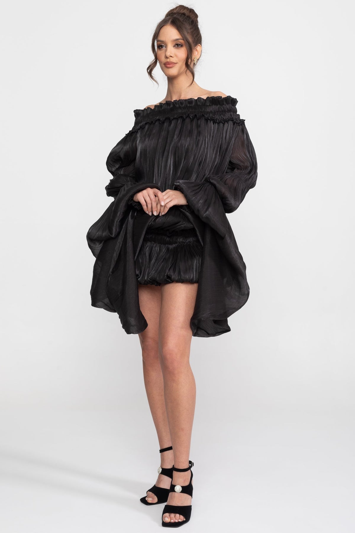 Off-Shoulder Ruffle Mini Dress With Draped Sleeves - Black - View 2