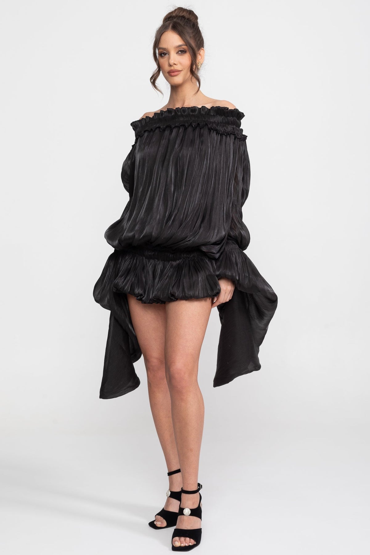 Off-Shoulder Ruffle Mini Dress With Draped Sleeves - Black - View 5