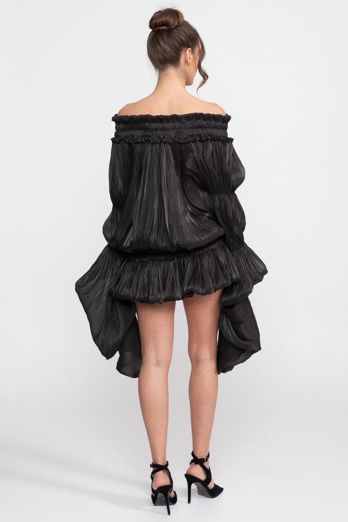 Off-Shoulder Ruffle Mini Dress With Draped Sleeves - Black - View 10