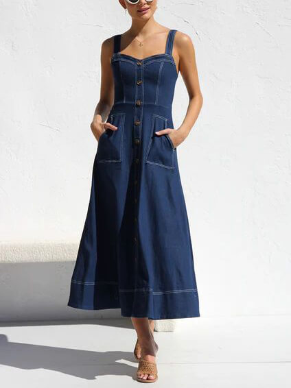 Denim Suspender Casual Button Midi Dress - Fashionpara