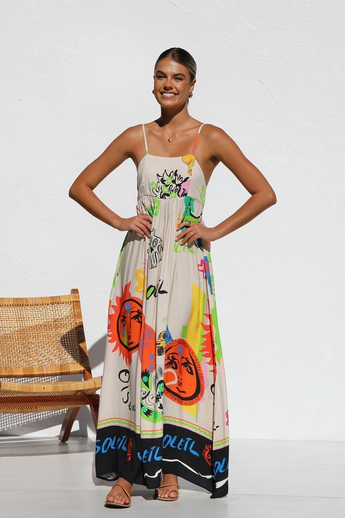 Graphic Print Spaghetti Strap Open Back Bow Tie Flowy Maxi Dress - View 7