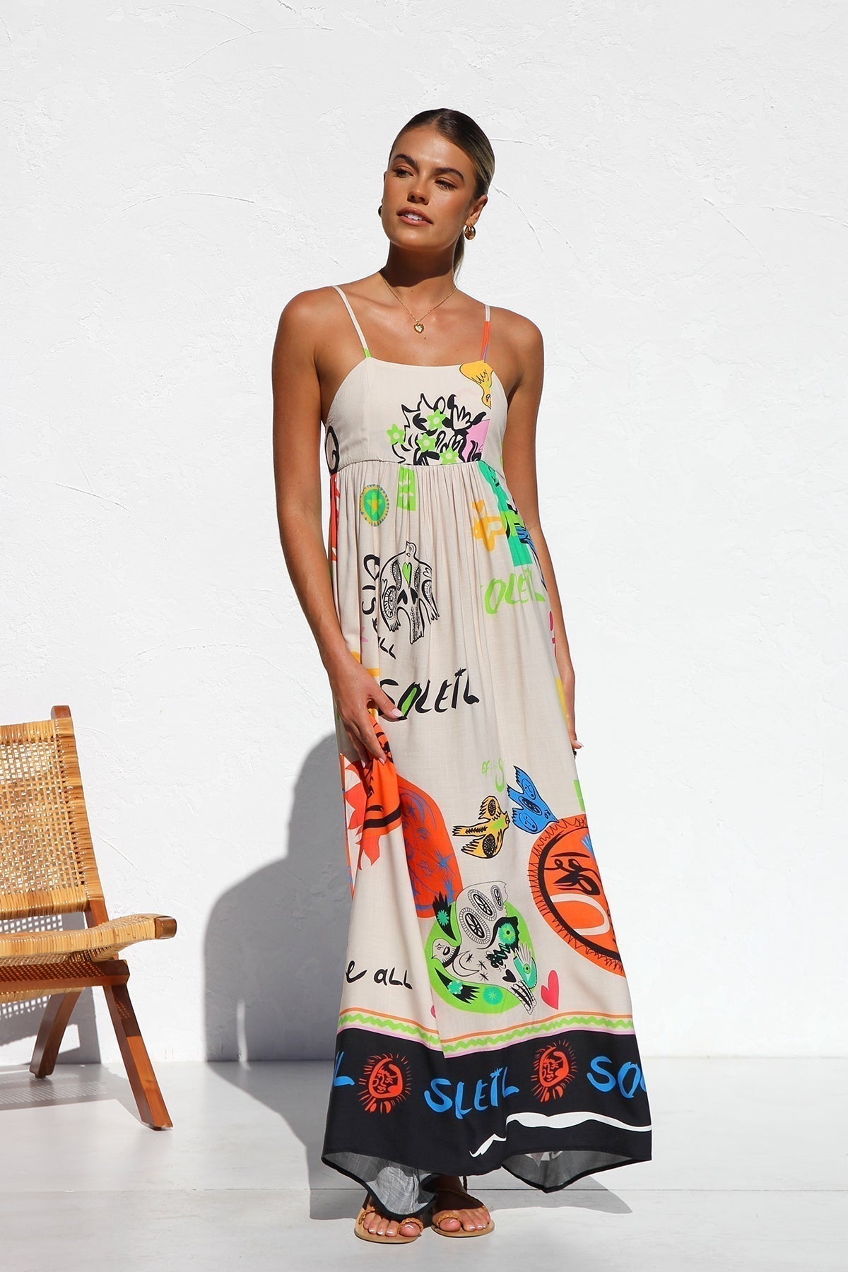 Graphic Print Spaghetti Strap Open Back Bow Tie Flowy Maxi Dress - View 4