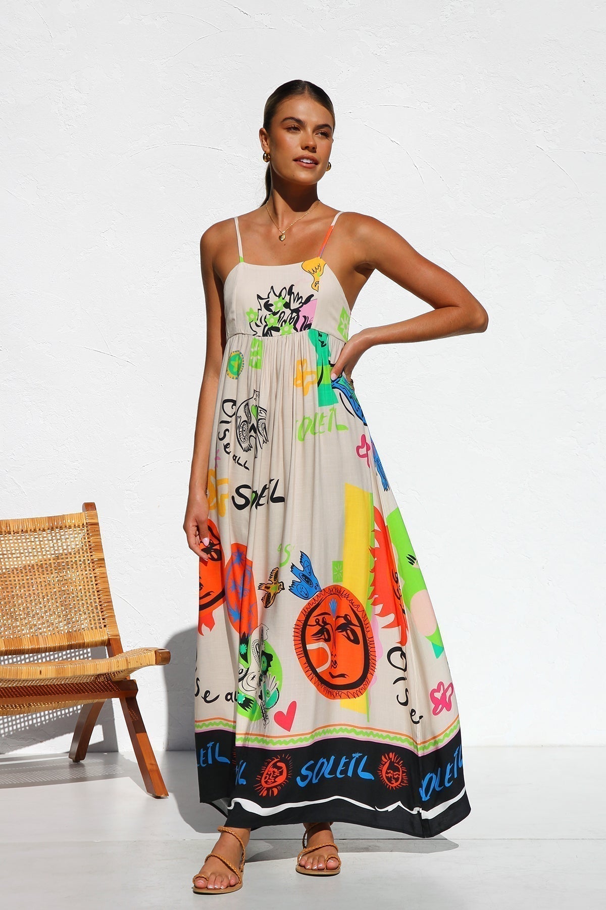 Graphic Print Spaghetti Strap Open Back Bow Tie Flowy Maxi Dress - View 3