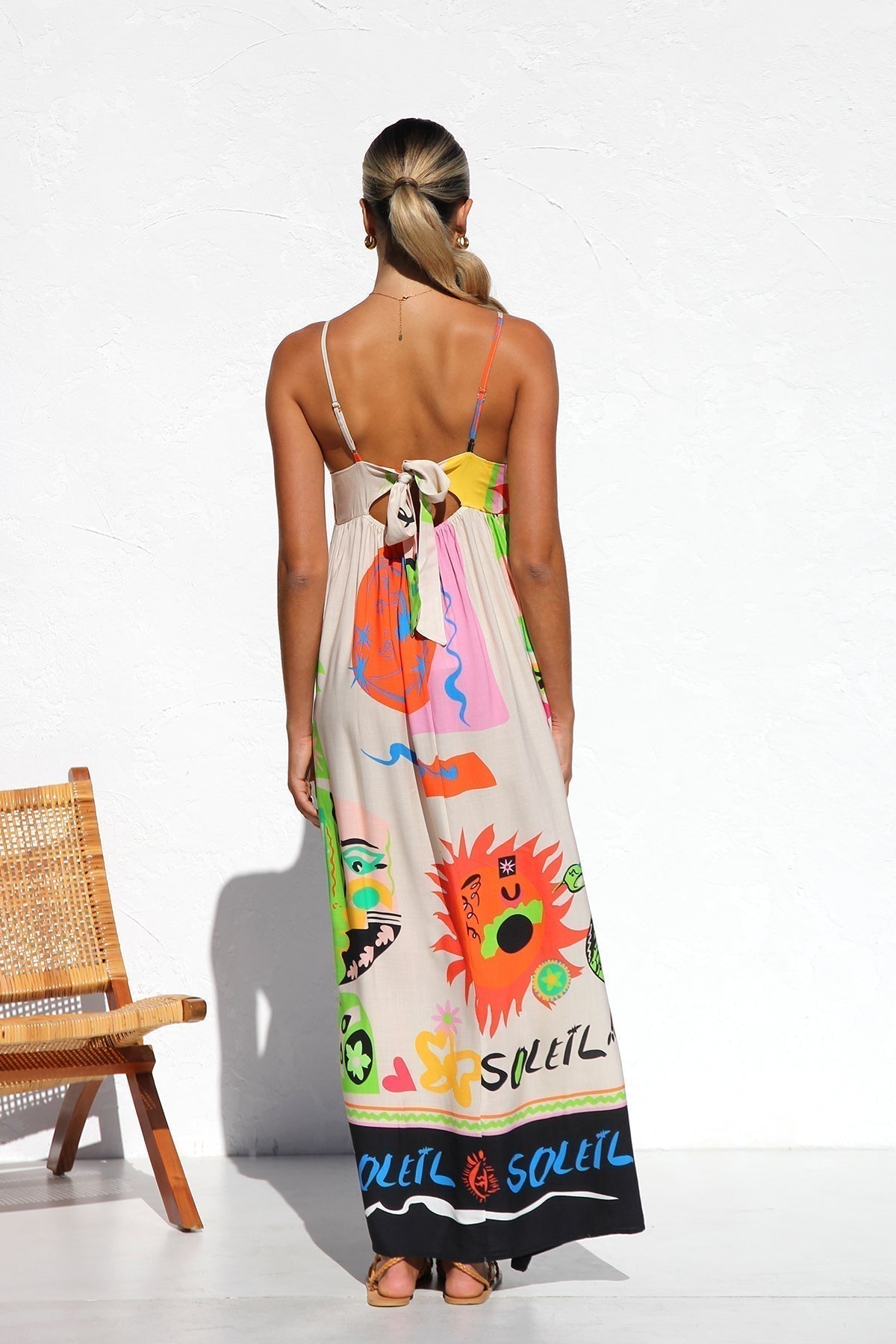Graphic Print Spaghetti Strap Open Back Bow Tie Flowy Maxi Dress - View 6