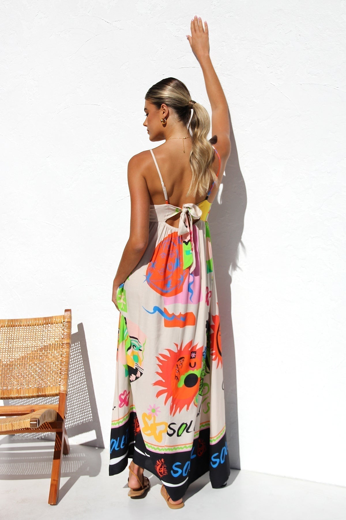Graphic Print Spaghetti Strap Open Back Bow Tie Flowy Maxi Dress