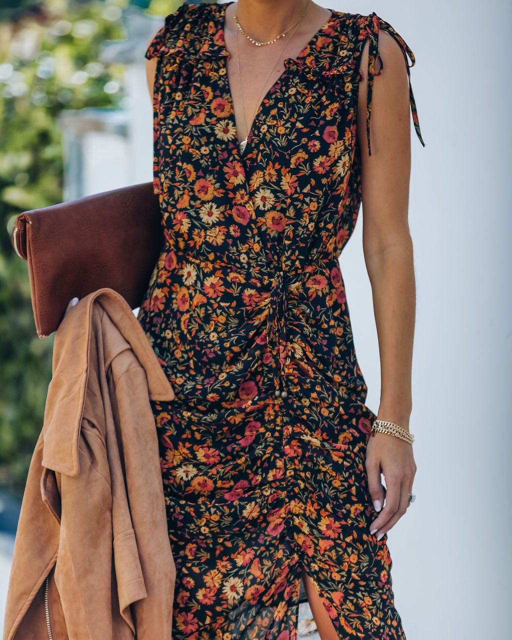 Floral Print V-Neck Sleeveless Ruched Slit Midi Dress