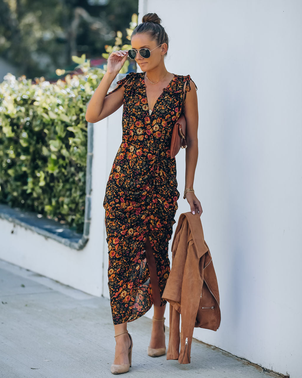Floral Print V-Neck Sleeveless Ruched Slit Midi Dress