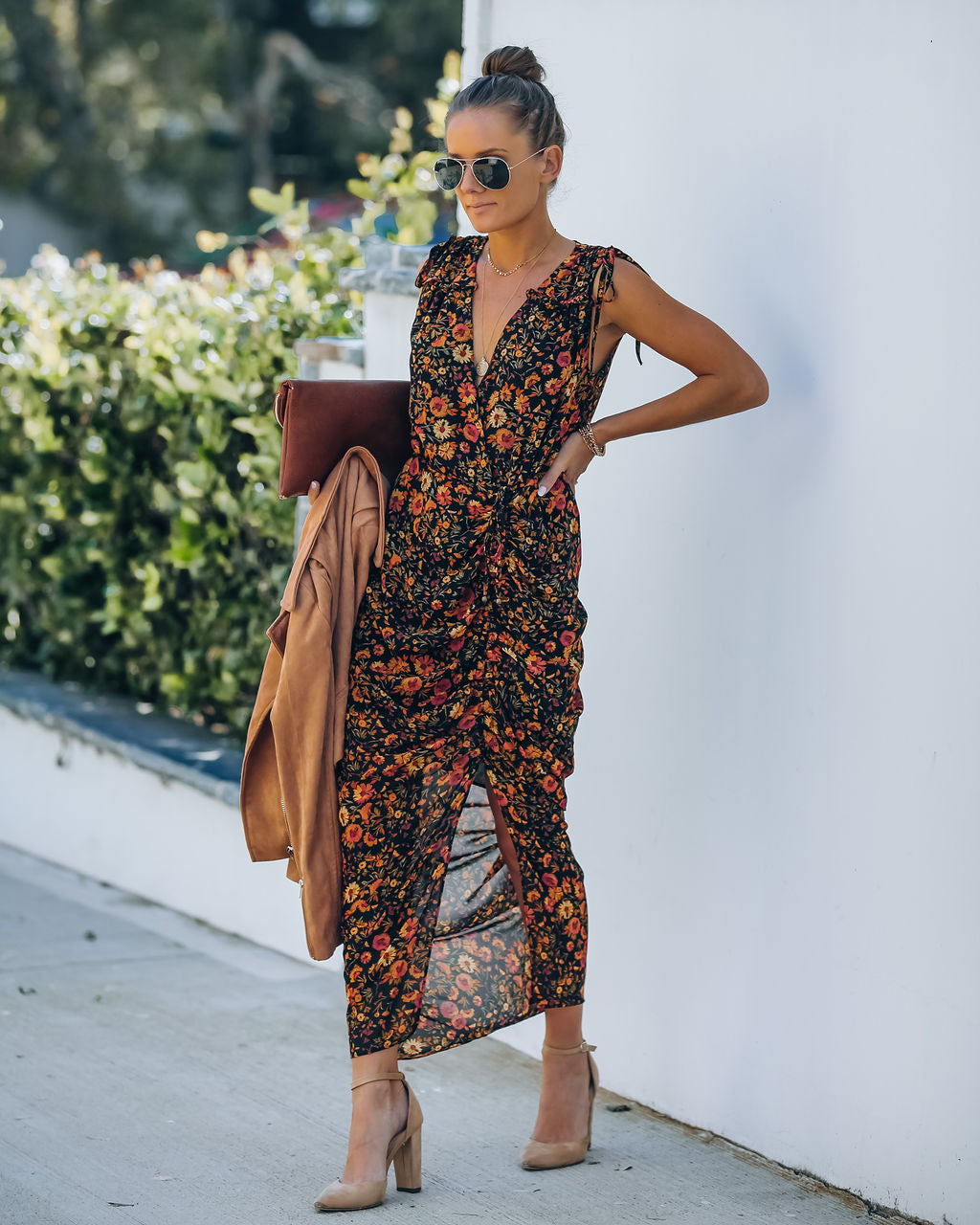 Floral Print V-Neck Sleeveless Ruched Slit Midi Dress
