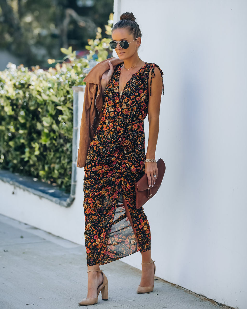 Floral Print V-Neck Sleeveless Ruched Slit Midi Dress