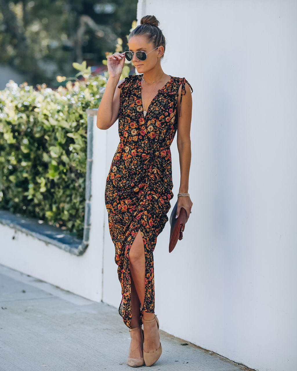 Floral Print V-Neck Sleeveless Ruched Slit Midi Dress