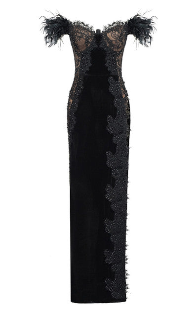 Esmeralda Feather Side Slit Maxi Dress - Fashionpara