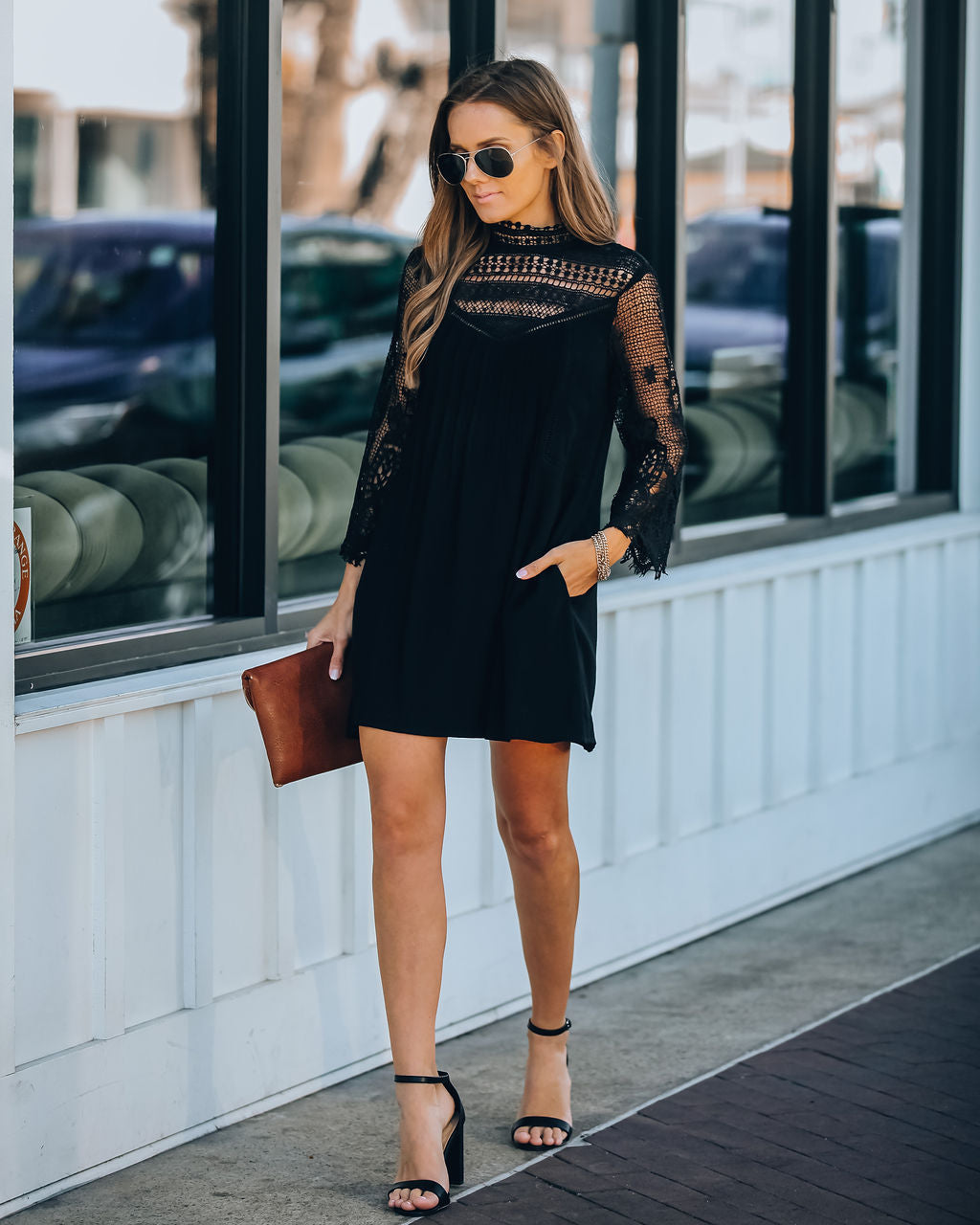 Crochet Lace High Neck Long Sleeve Shift Mini Dress