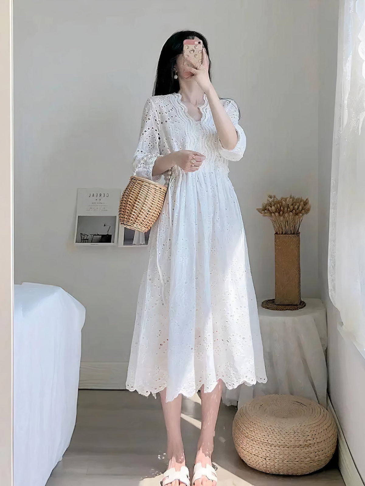 Eyelet Lace V-Neck Three Quarter Sleeve Button Down Midi Dress