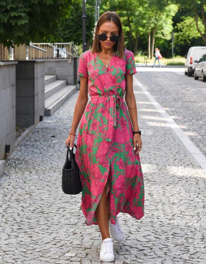 Wrap Front V-Neck Short Sleeve Belted Midi Dress - View 2